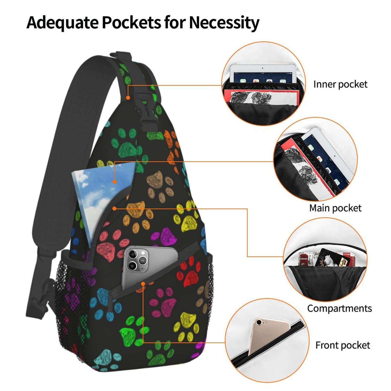 Hand Drawn Colorful Paw Prints Sling Bag For Women Men,Crossbody Shoulder Bags Casual Sling Backpack Chest Bag Travel Hiking Daypack For Outdoor