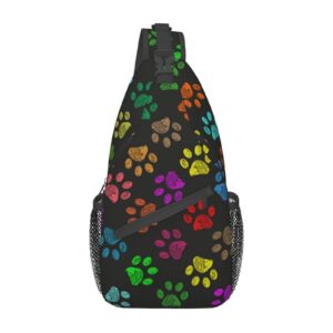 Hand Drawn Colorful Paw Prints Sling Bag For Women Men,Crossbody Shoulder Bags Casual Sling Backpack Chest Bag Travel Hiking Daypack For Outdoor