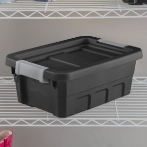 Sterilite 4 Gallon Plastic Stacker Tote, Heavy Duty Lidded Storage Bin Container for Stackable Garage and Basement Organization, Black, 6-Pack