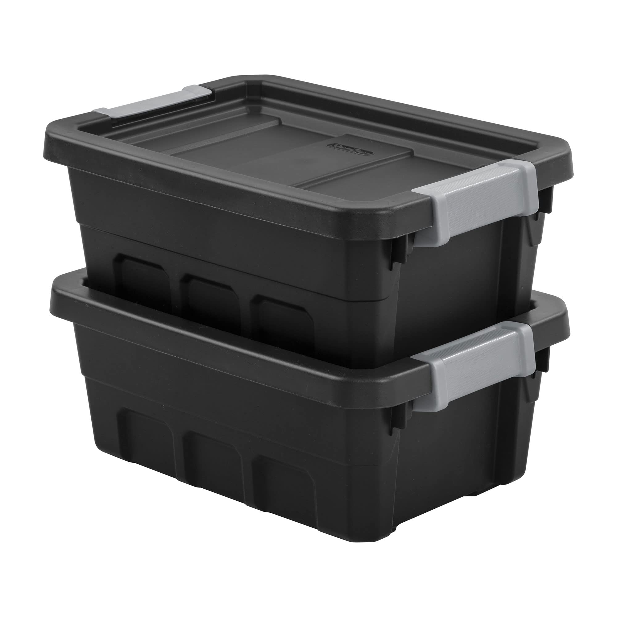 Sterilite 4 Gallon Plastic Stacker Tote, Heavy Duty Lidded Storage Bin Container for Stackable Garage and Basement Organization, Black, 6-Pack