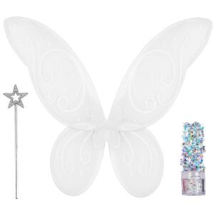 funcredible fairy costume accessories - white fairy wings and fairy star wand, glitter - tooth fairy cosplay outfit for women and girls