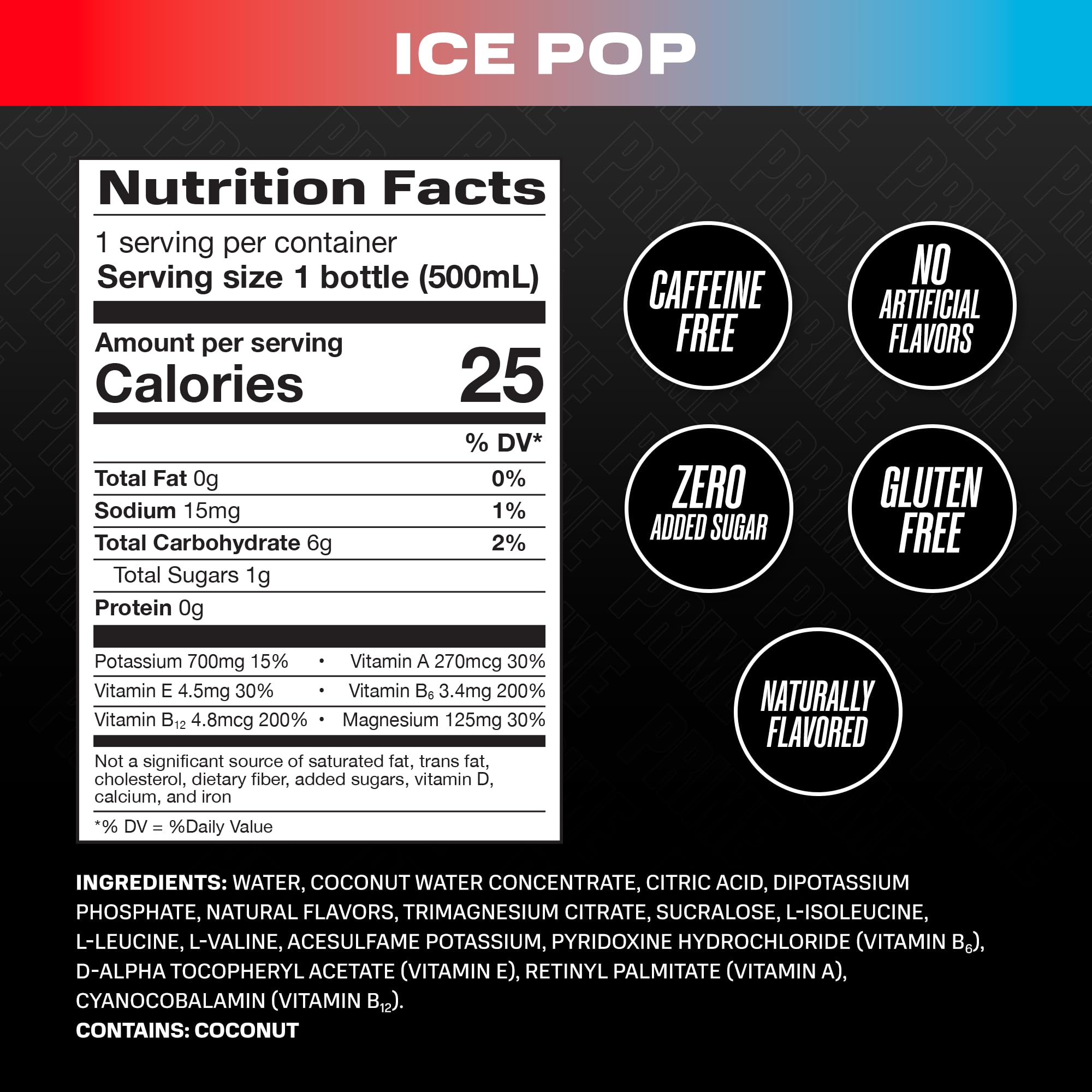 PRIME Hydration ICE POP | Sports Drinks | Electrolyte Enhanced for Ultimate Hydration | 250mg BCAAs | B Vitamins | Antioxidants | 2g Of Sugar | 16.9 Fluid Ounce | 12 Pack