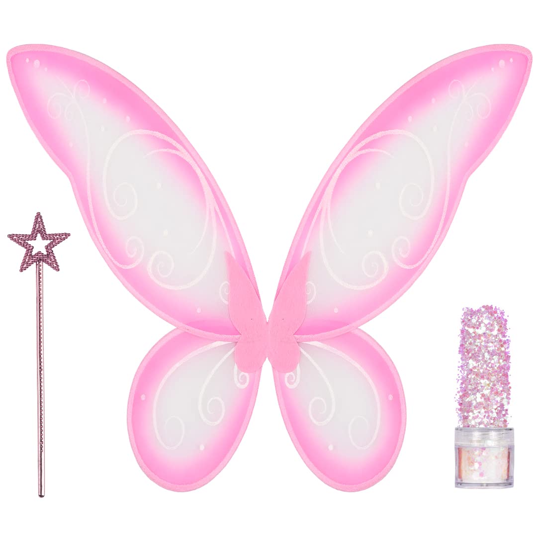 Funcredible Fairy Costume Accessories - Pink Fairy Wings and Fairy Star Wand, Glitter - Tooth Fairy Cosplay Outfit for Women and Girls