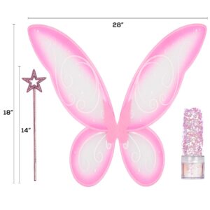 Funcredible Fairy Costume Accessories - Pink Fairy Wings and Fairy Star Wand, Glitter - Tooth Fairy Cosplay Outfit for Women and Girls