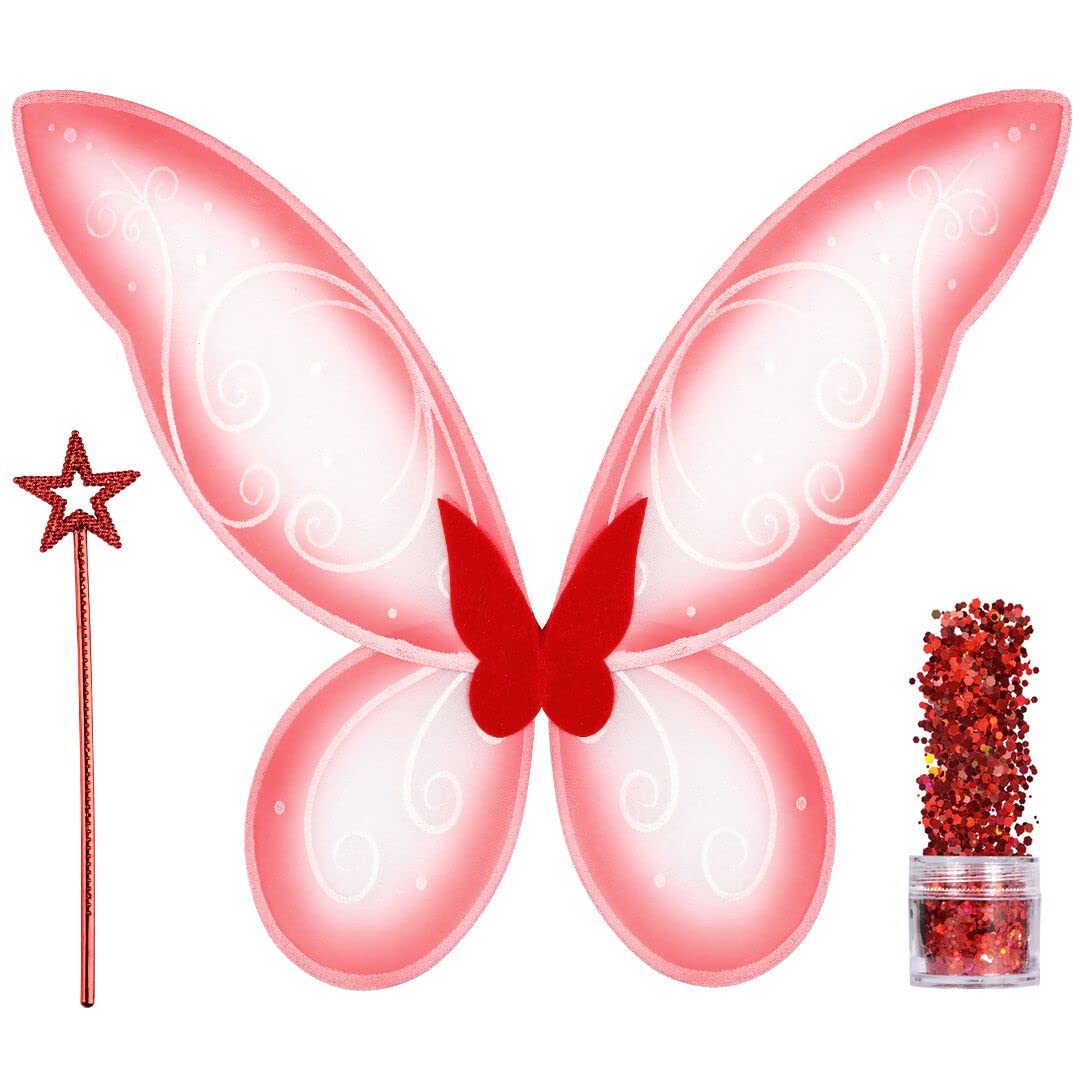 Funcredible Fairy Accessories Set - Fairy Wings, Fairy Wand with Fairy Glitter - Red Tooth Fairy Wings - Halloween Cosplay Party Favors for Women, Men and Kids