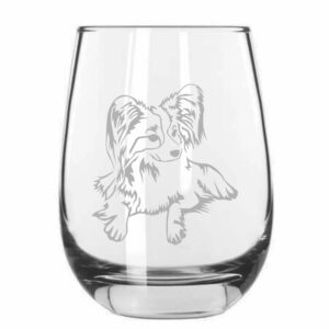 papillon dog etched 15.25oz stemless wine glass