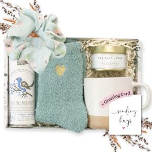 unboxme bluebird morning tea & mug care package for her | thinking of you gift, birthday gift for women, get well soon, sympathy gift, self care, spa gift set, holiday gift, thank you gift