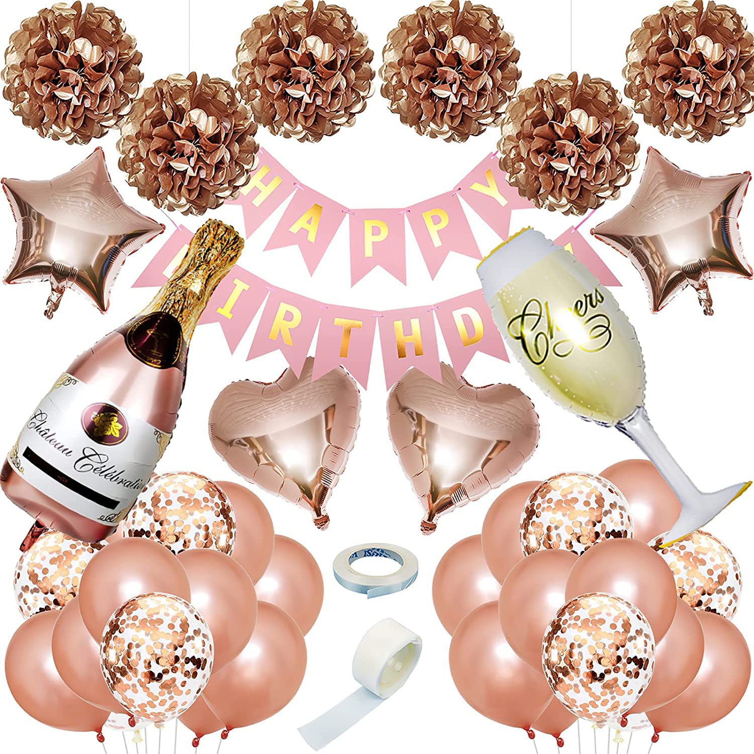 SOMAYO Birthday Decorations Rose Gold Balloons, Birthday Decorations for Women and Girls, Rose Gold Party Decorations Set,Happy Birthday Banner,Metallic Rose Gold Confetti Balloons, Foil Balloons.