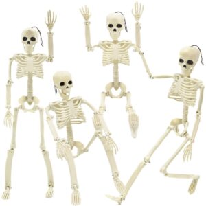 4 packs posable halloween skeleton, full body skeleton decoration movable posable joints skeletons, scary plastic skeleton halloween skull decor for yard garden lawn haunted house graveyard props