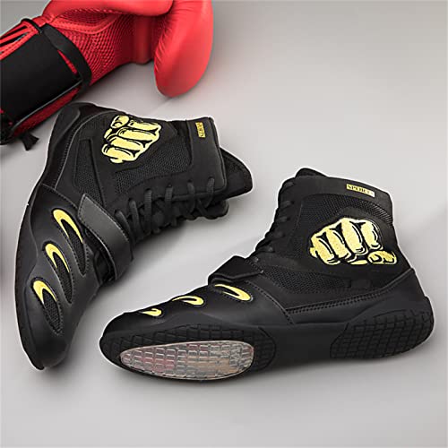 Men's Womens Breathable Wrestling Shoes Non-Slip Ankle Guard Squat Boxing High Top Training Boots Athletic Gym Shoes Black Yellow