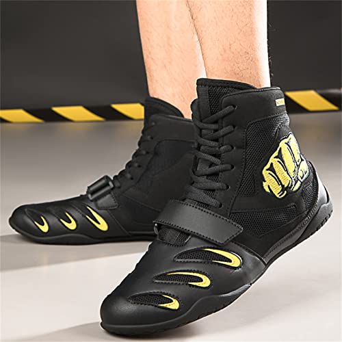 Men's Womens Breathable Wrestling Shoes Non-Slip Ankle Guard Squat Boxing High Top Training Boots Athletic Gym Shoes Black Yellow