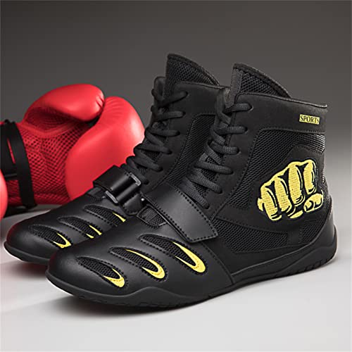 Men's Womens Breathable Wrestling Shoes Non-Slip Ankle Guard Squat Boxing High Top Training Boots Athletic Gym Shoes Black Yellow