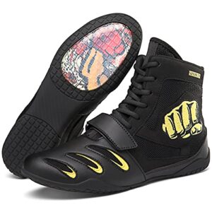 Men's Womens Breathable Wrestling Shoes Non-Slip Ankle Guard Squat Boxing High Top Training Boots Athletic Gym Shoes Black Yellow