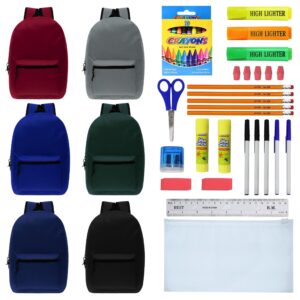 moda west 15 inch bulk backpacks with 36 piece school supply kits - case of 12 in 6 assorted colors
