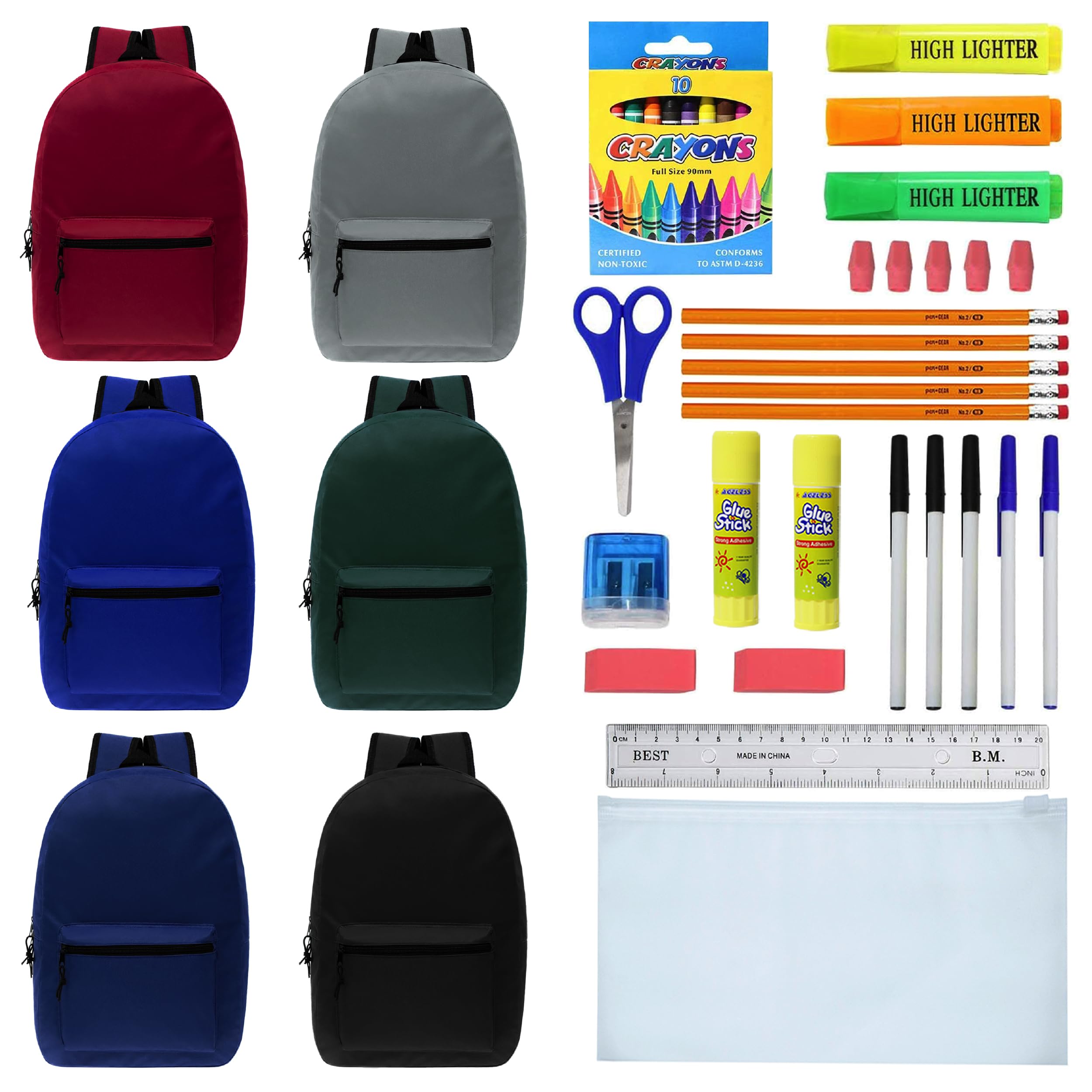 Moda West 15 Inch Bulk Backpacks with 36 Piece School Supply Kits - Case of 12 in 6 Assorted Colors