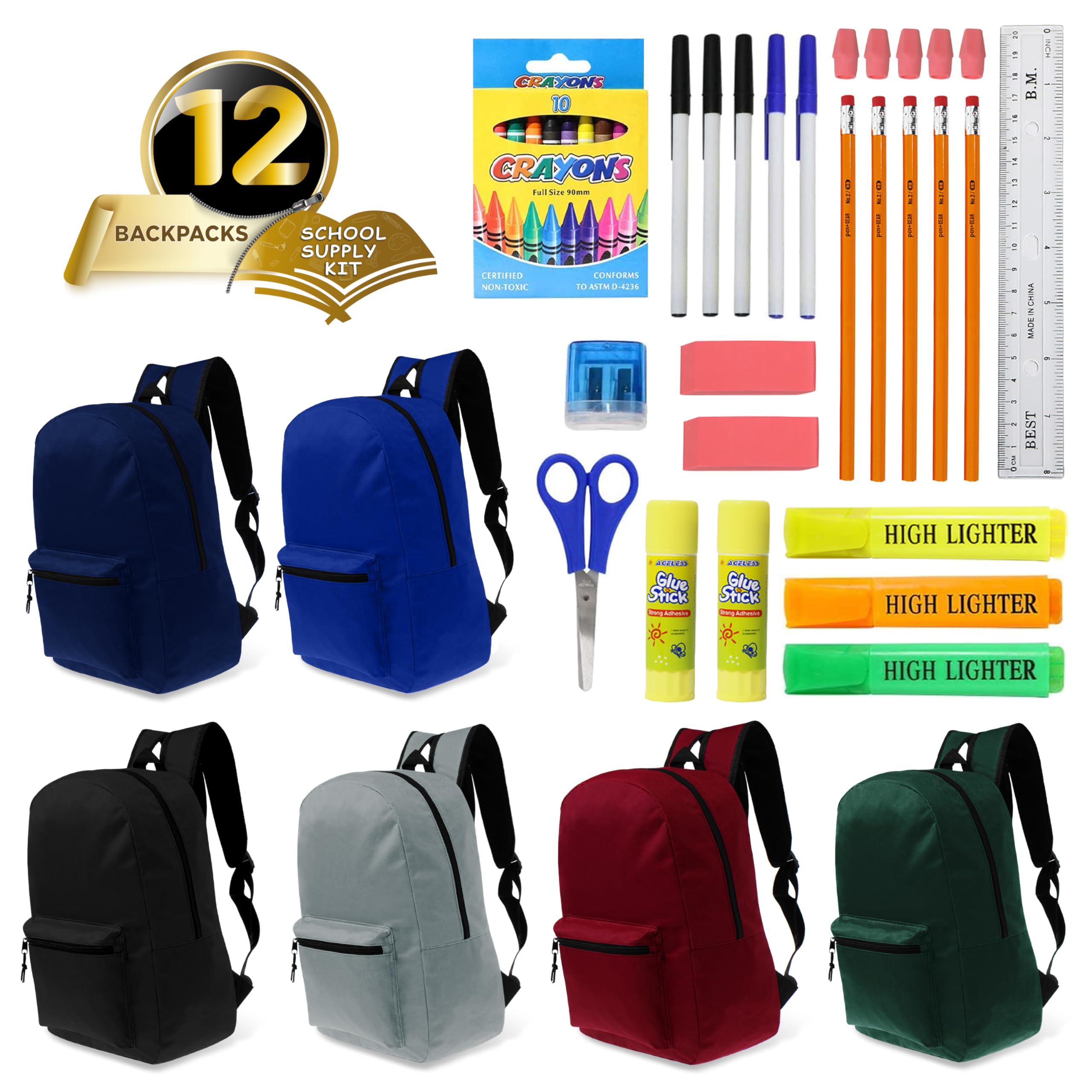 Moda West 15 Inch Bulk Backpacks with 36 Piece School Supply Kits - Case of 12 in 6 Assorted Colors