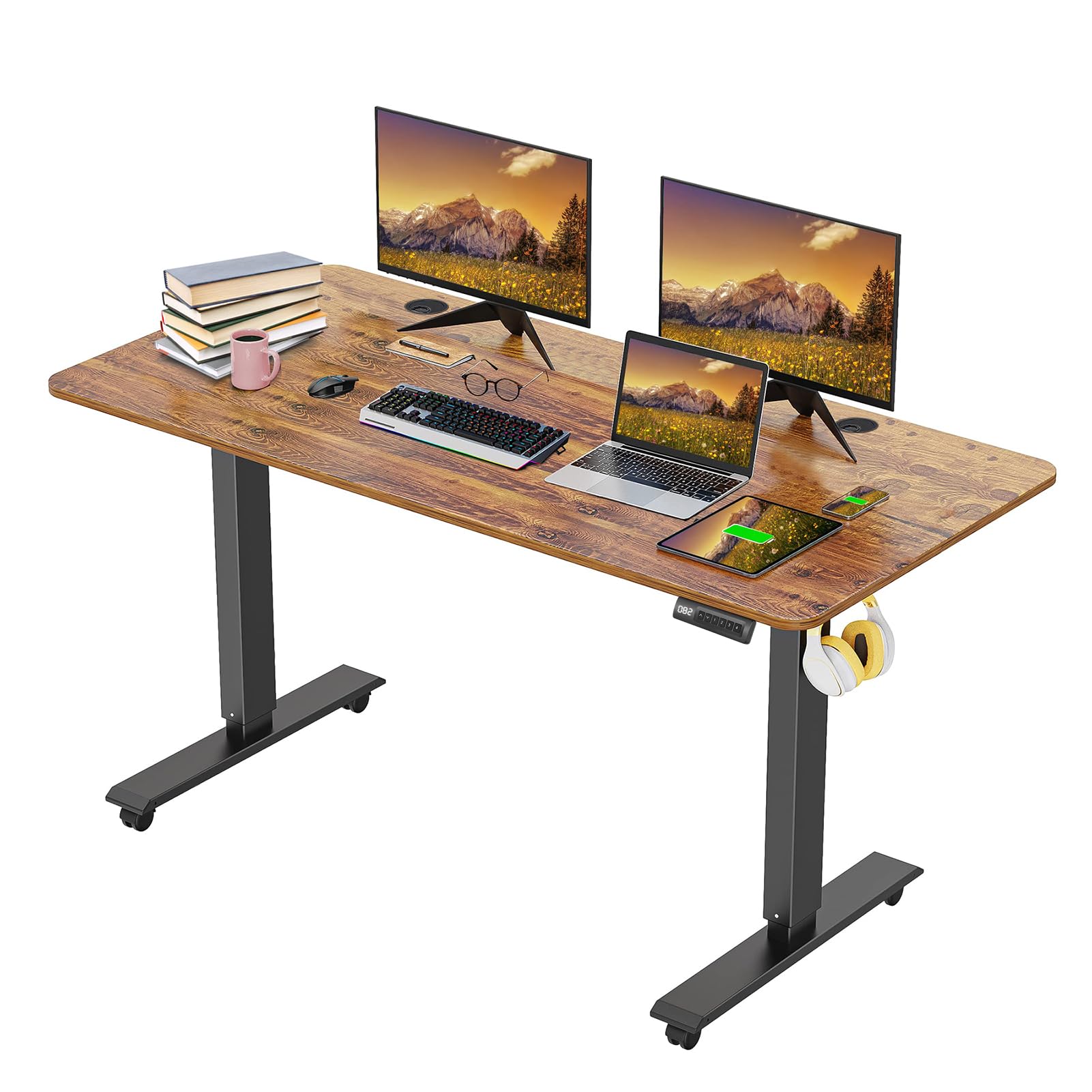 KORGOL Electric Standing Desk 48 x 24 Inches Adjustable Height Sit Stand Up Desk for Home Office Computer Desk Memory Preset with Headphone Hook, Wheels and Black Frame/Walnut Top