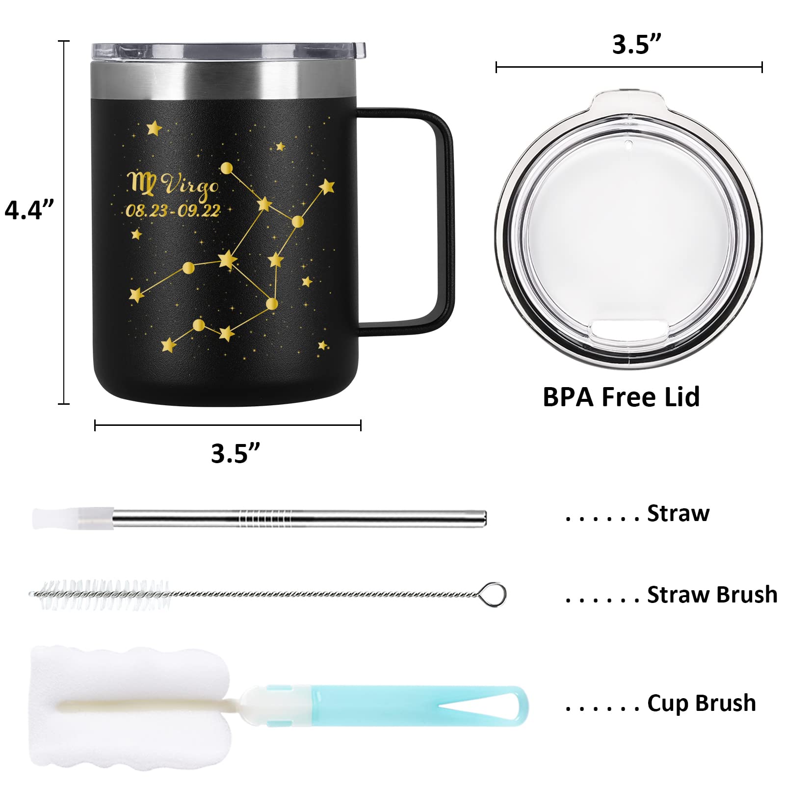 Gingprous Virgo Tumbler for Women Men, Virgo Gifts Insulated Stainless Steel Coffee Mug, August September Birthday Gifts, Constellation Gifts for Astrology Star Lovers BFF Family Coworker, 12Oz, Black