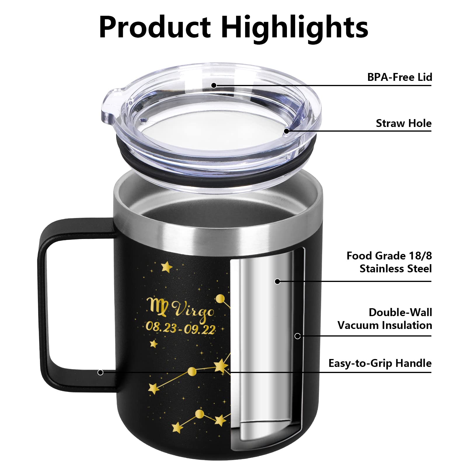 Gingprous Virgo Tumbler for Women Men, Virgo Gifts Insulated Stainless Steel Coffee Mug, August September Birthday Gifts, Constellation Gifts for Astrology Star Lovers BFF Family Coworker, 12Oz, Black