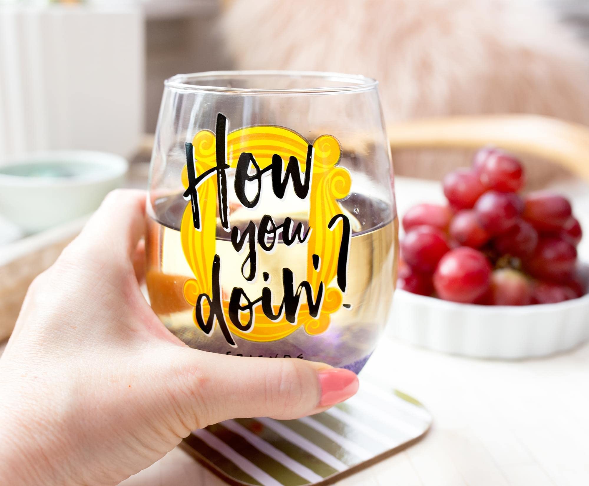 Silver Buffalo Friends How You Doin? Teardrop Stemless Wine Glass | Holds 20 Ounces