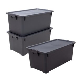 astage | rolling storage tub, storage tote, plastic box, lidded box, storage bins with lids 45qt - 3pack (black)