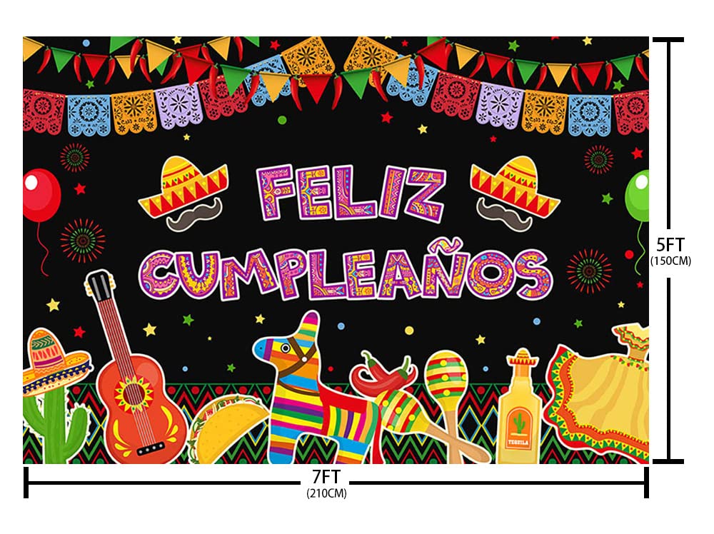 SENDY 7x5ft Feliz Cumpleaños Backdrop Mexican Fiesta Happy Birthday Party Decorations Supplies Cactus Balloons Mexico Cinco De Mayo Carnival Bday Cake Table Banner Photography Background Photo Props