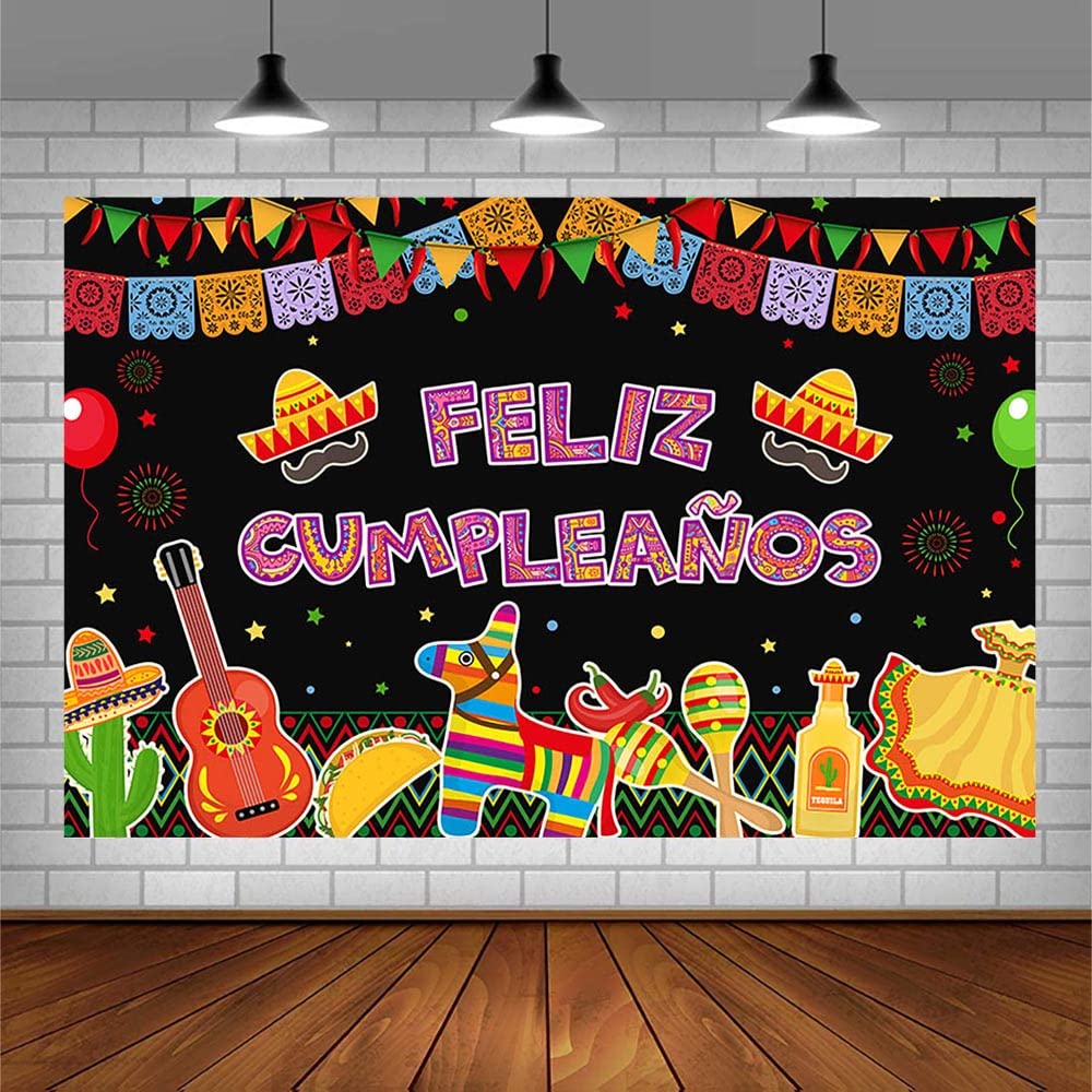 SENDY 7x5ft Feliz Cumpleaños Backdrop Mexican Fiesta Happy Birthday Party Decorations Supplies Cactus Balloons Mexico Cinco De Mayo Carnival Bday Cake Table Banner Photography Background Photo Props