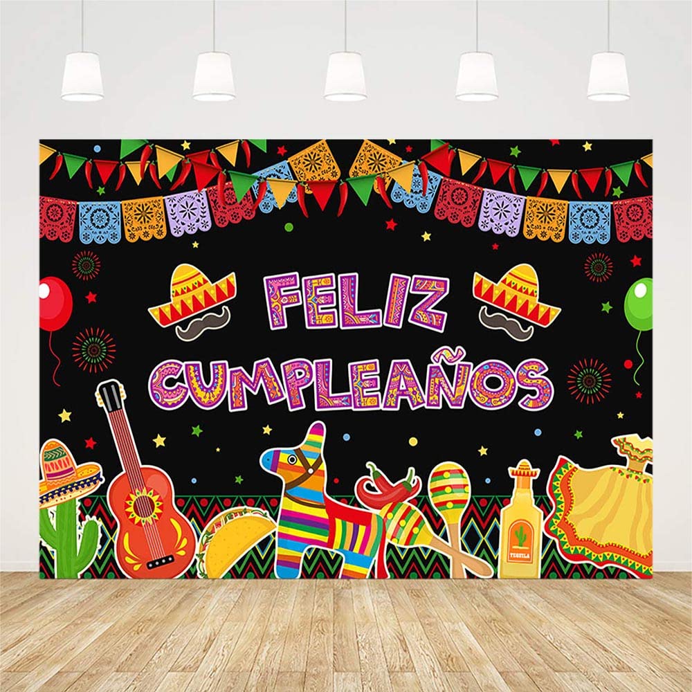 SENDY 7x5ft Feliz Cumpleaños Backdrop Mexican Fiesta Happy Birthday Party Decorations Supplies Cactus Balloons Mexico Cinco De Mayo Carnival Bday Cake Table Banner Photography Background Photo Props