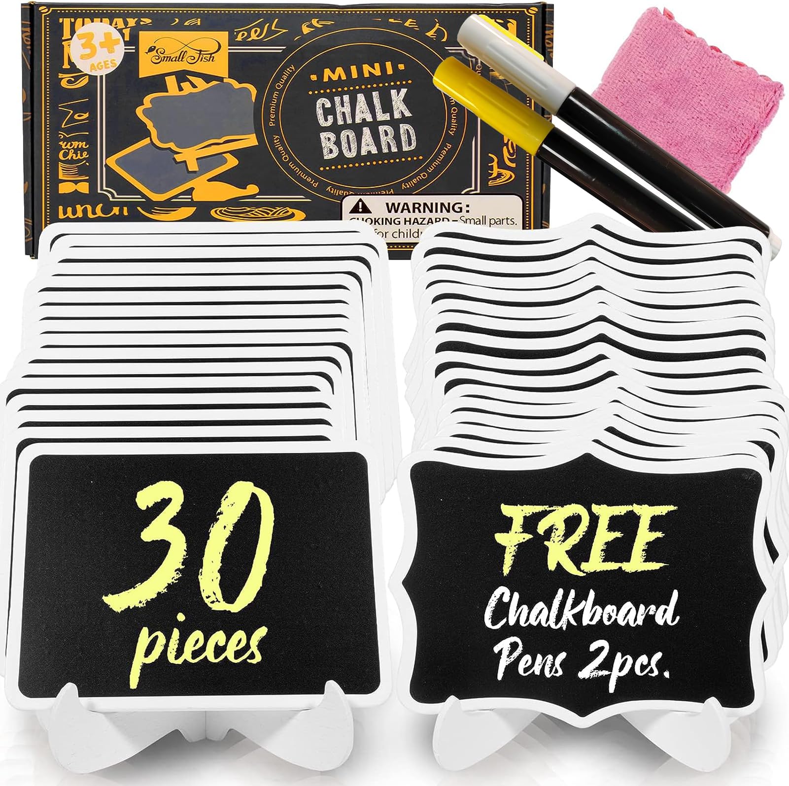 30 Pack Mini Chalkboard Sign for Food, Wedding Buffet, Brunch Party, Catering Supplies Display, Table Number, Place Card, Event Decorations, Wooden Small White Framed with Easel Stand and Marker Pen