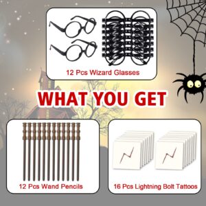 Wizard Theme Party Favors - Wand Pencils,Wizard Glasses with Round Frame No Lenses,Lightning Bolt Scar Temporary Tattoo for Magic Birthday/School Party Supplies ,Halloween Decor,12pcs each(36pcs all)