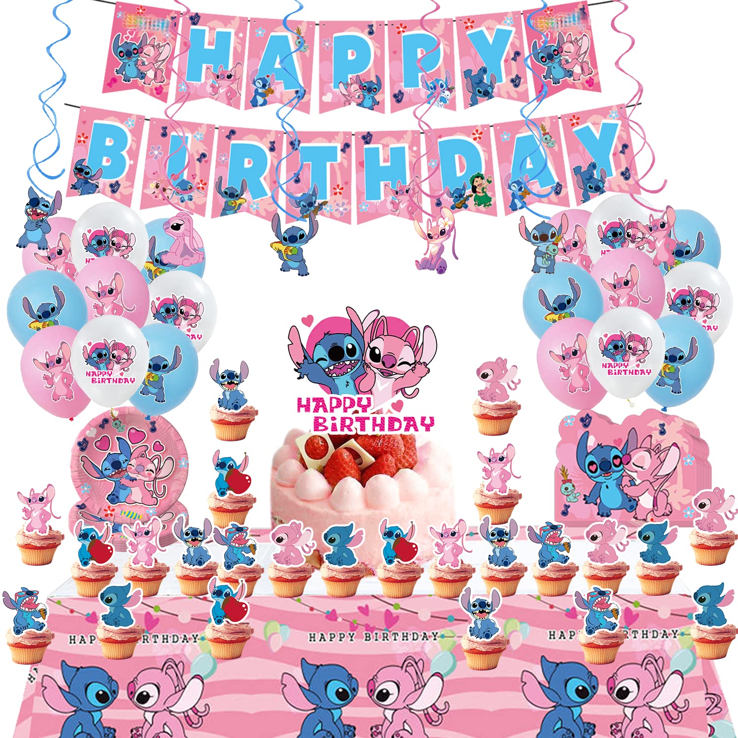 85 Pack Pink lilo Birthday Party Supplies Kids Party Decorations Includes 1 Large Banner 1 Cake Topper 1 Tablecloth 6 Spiral Lifters 10 Invitation Cards 10 Plates 18 Balloons 24 Cupcake Toppers