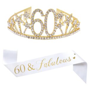 mayin happy 60th birthday tiara and sash gifts crystal rhinestone princess crown birthday queen party favor supplies gold crowns white sash
