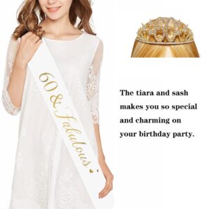 Mayin Happy 60th Birthday Tiara and Sash Gifts Crystal Rhinestone Princess Crown Birthday Queen Party Favor Supplies Gold Crowns White Sash