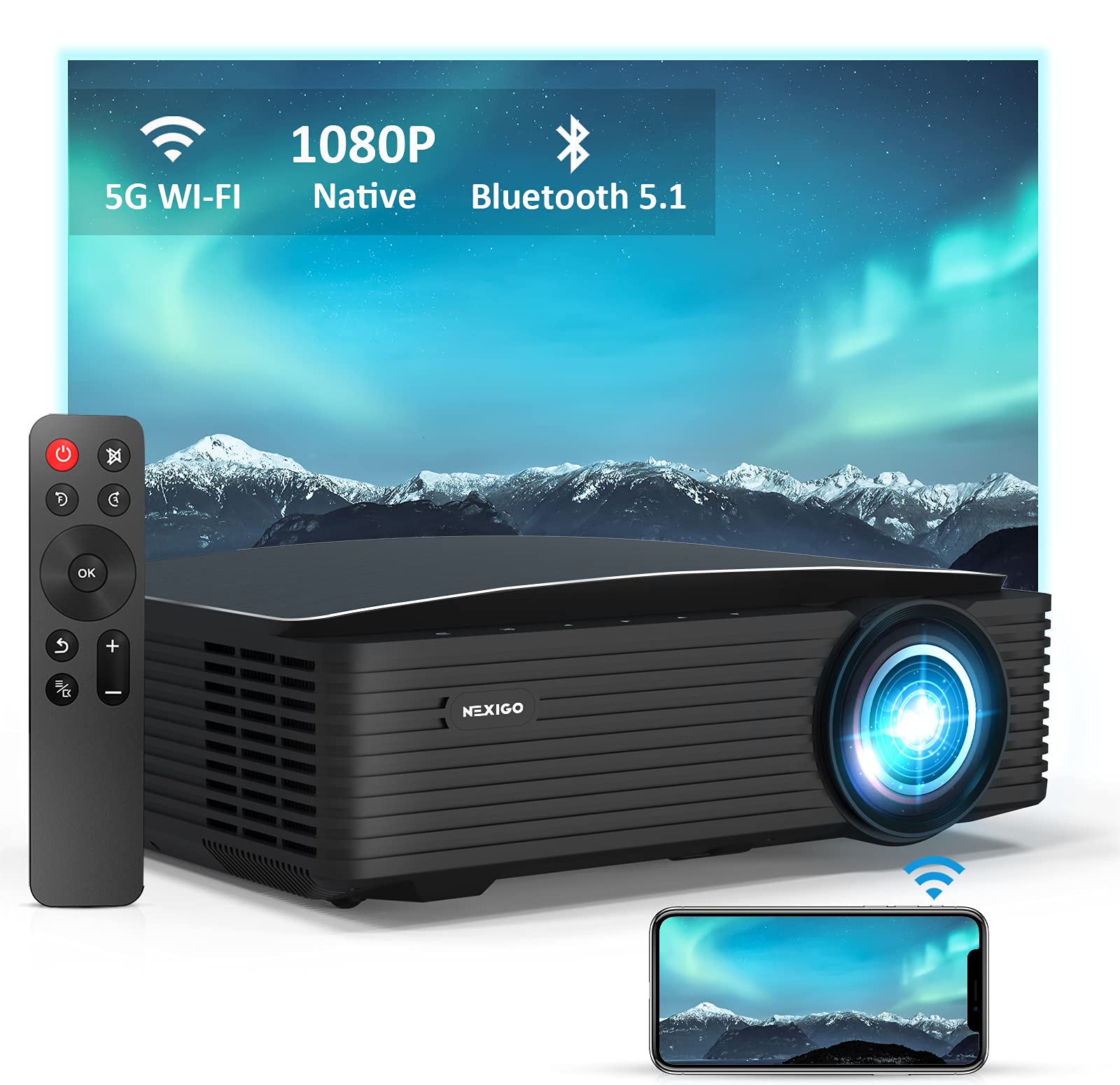 NexiGo PJ20 Outdoor Movie Projector with WiFi and Bluetooth, Native 1080P, Dolby_Audio Sound Support, Compatible w/TV Stick,iOS,Android,Laptop,Console (Renewed)