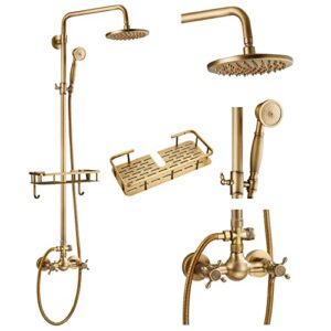 gotonovo antique brass exposed bathroom shower faucet 8 inch rainfall shower head wall mounted with shower shelf double cross handles adjustable handheld sprayer shower shower system dual functions