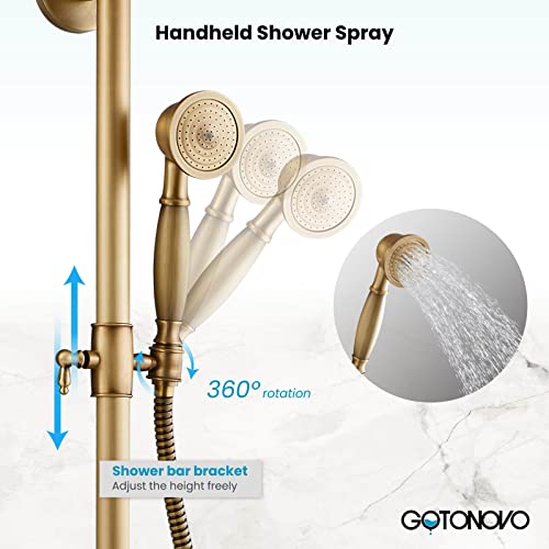 gotonovo Antique Brass Exposed Bathroom Shower Faucet 8 inch Rainfall Shower Head Wall Mounted with Shower Shelf Double Cross Handles Adjustable Handheld Sprayer Shower Shower System Dual Functions