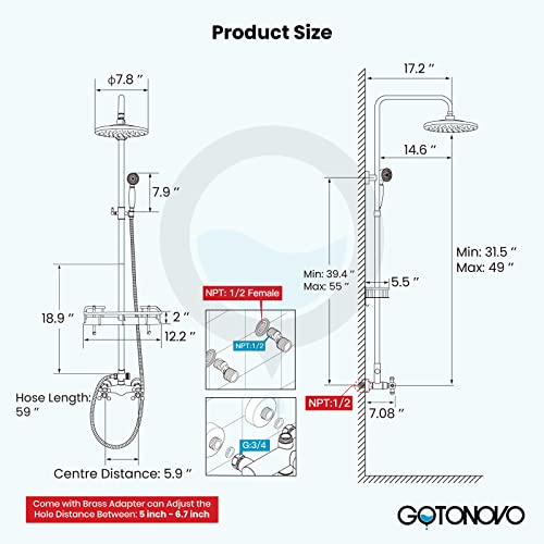 gotonovo Antique Brass Exposed Bathroom Shower Faucet 8 inch Rainfall Shower Head Wall Mounted with Shower Shelf Double Cross Handles Adjustable Handheld Sprayer Shower Shower System Dual Functions