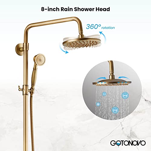 gotonovo Antique Brass Exposed Bathroom Shower Faucet 8 inch Rainfall Shower Head Wall Mounted with Shower Shelf Double Cross Handles Adjustable Handheld Sprayer Shower Shower System Dual Functions