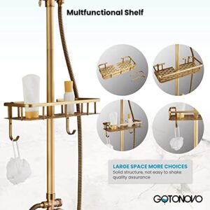 gotonovo Antique Brass Exposed Bathroom Shower Faucet 8 inch Rainfall Shower Head Wall Mounted with Shower Shelf Double Cross Handles Adjustable Handheld Sprayer Shower Shower System Dual Functions