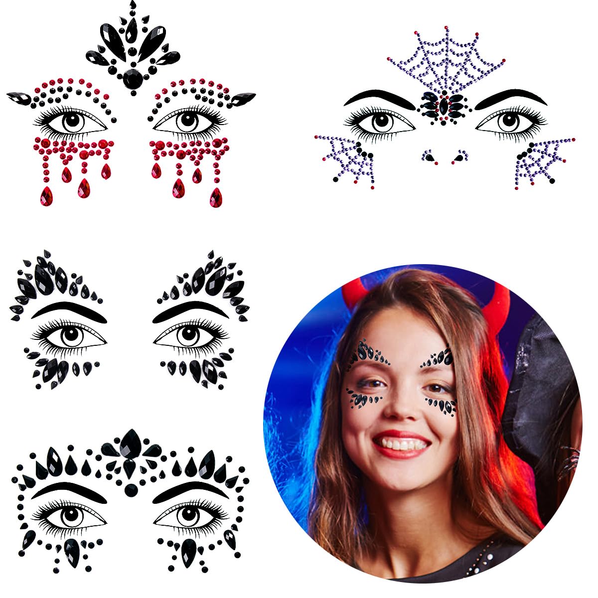 Bowitzki Halloween Face Jewels Festival Design Women Mermaid Face Gems Rhinestone Crystals Stickers Eyes Body Temporary Tattoos (Black-A)