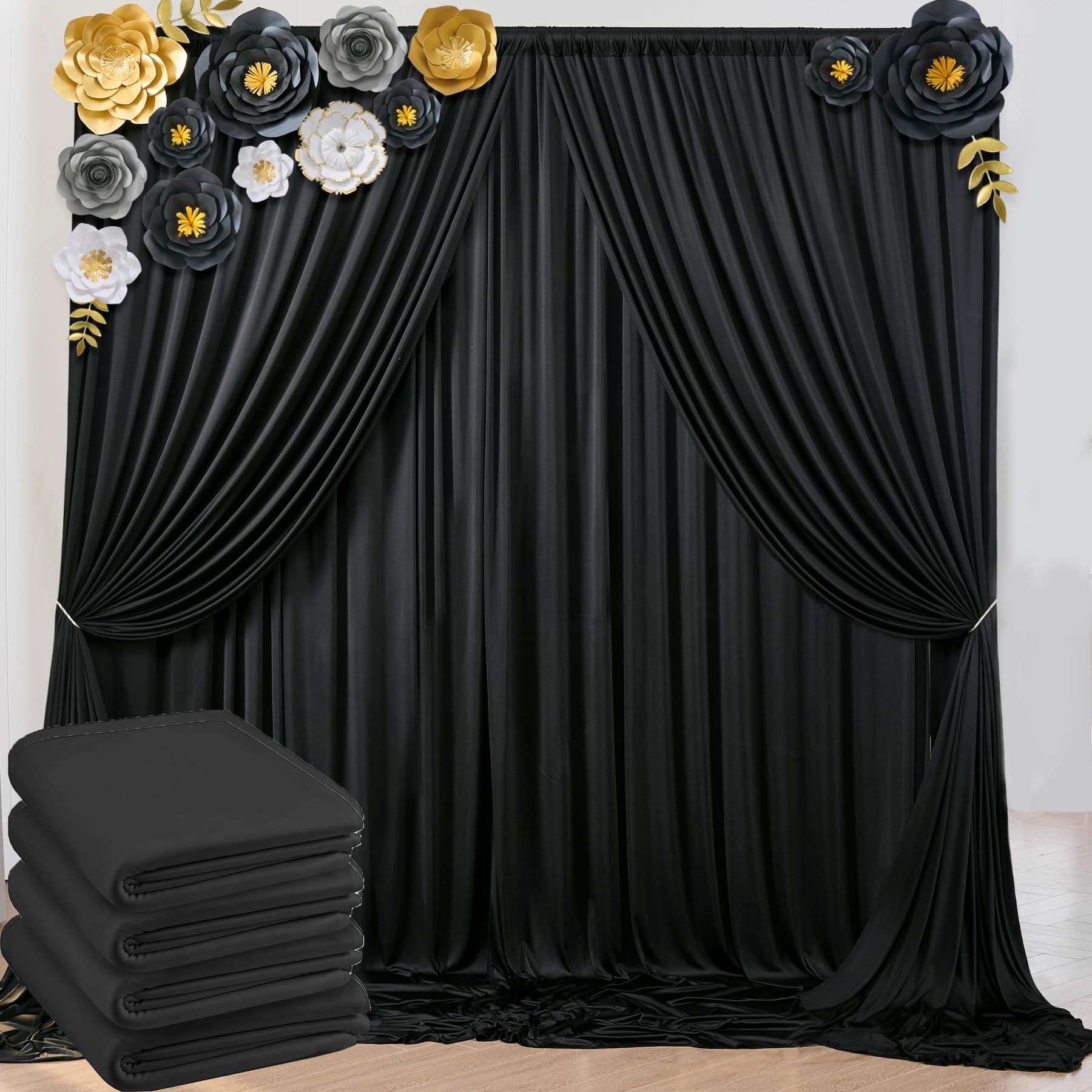 20ft x 10ft Wrinkle Free Black Backdrop Curtains for Parties, Polyester Photo Backdrop Drapes 4 Panels 5x10ft for Wedding Graduation Birthday Party Photography Background