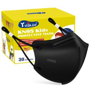 yuikio kids kn95 masks for children 30 packs, 5 layers breathable kn95 mask for kids disposable kids face masks with adjustable buckle for boys girls(black)