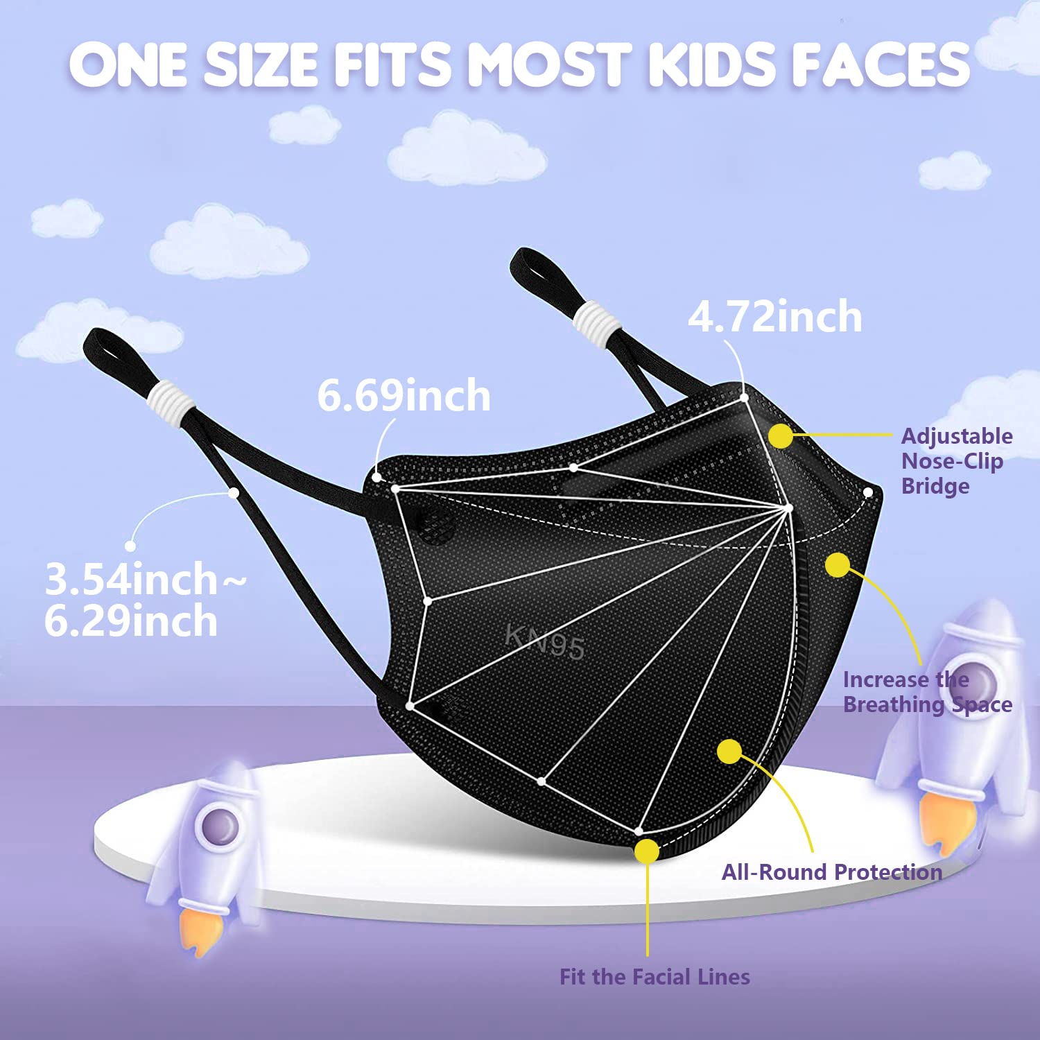 YUIKIO Kids KN95 Masks for Children 30 Packs, 5 Layers Breathable KN95 mask for kids Disposable Kids Face Masks With Adjustable Buckle for Boys Girls(Black)