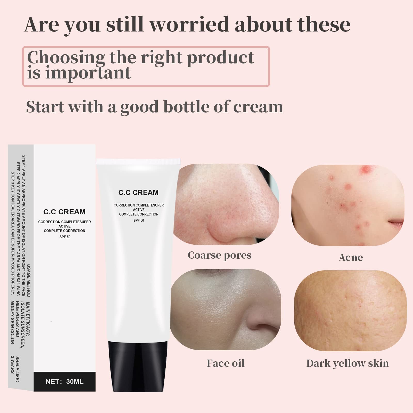 Grospe 2PCS Skin Tone Adjusting CC Cream, Colour Correcting Self Adjusting for Mature Skin, Full-Coverage Foundation, Facial Moisturizing Concealer(Natural+Ivory)