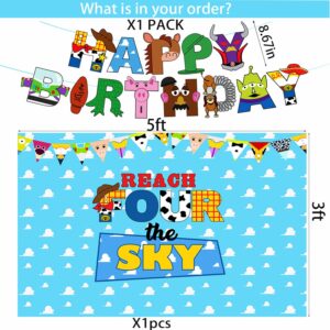 Cartoon Story Party Supplies 4th Birthday include Reach Four The Sky Cake Topper Backdrop Cupcake Toppers Balloons Banner for 4th Boys Girls Birthday Decorations