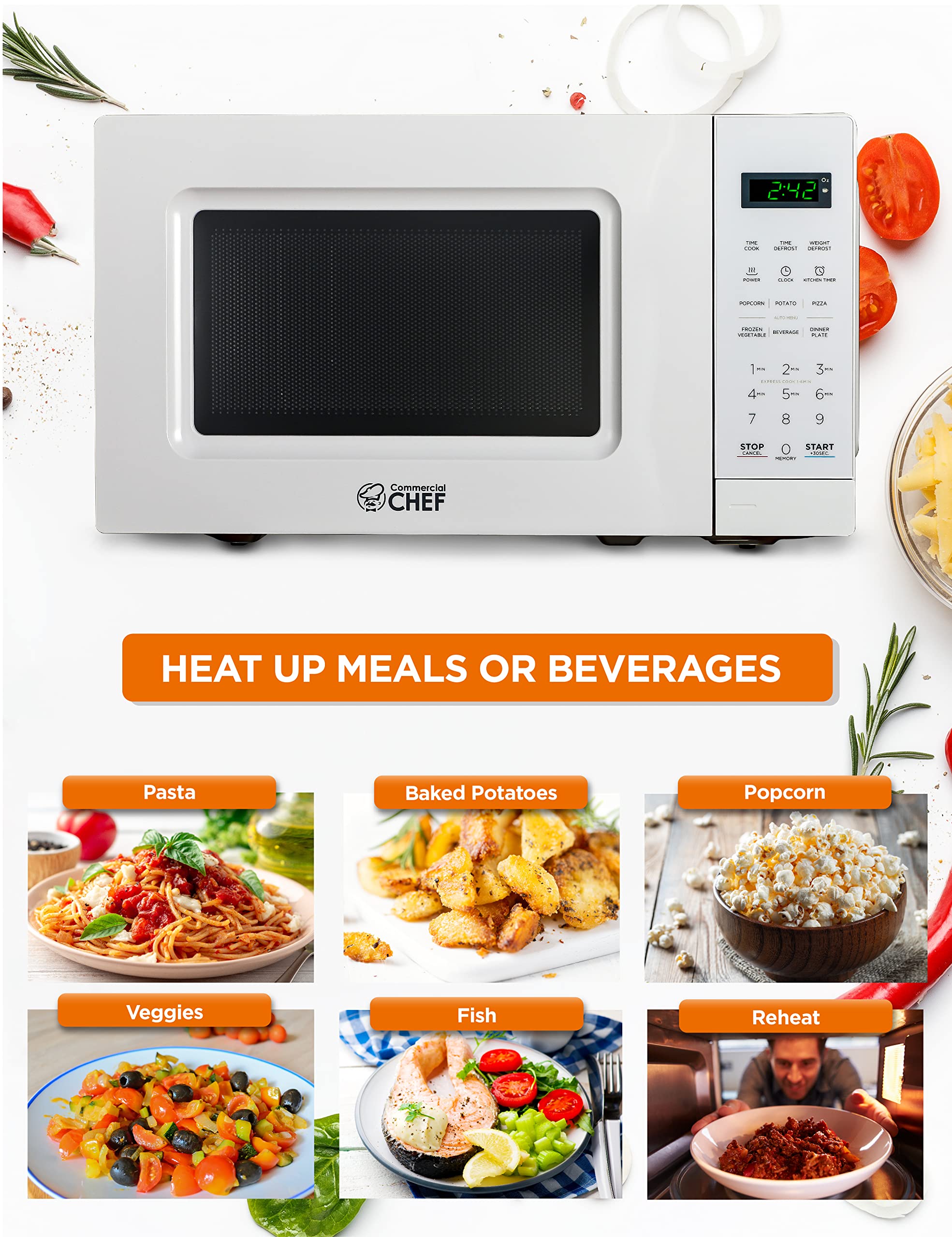 COMMERCIAL CHEF 0.7 Cu Ft Microwave with 10 Power Levels, 700W Microwave with Digital Display, Countertop Microwave with Child Safety Door Lock, Programmable with Push Button, White