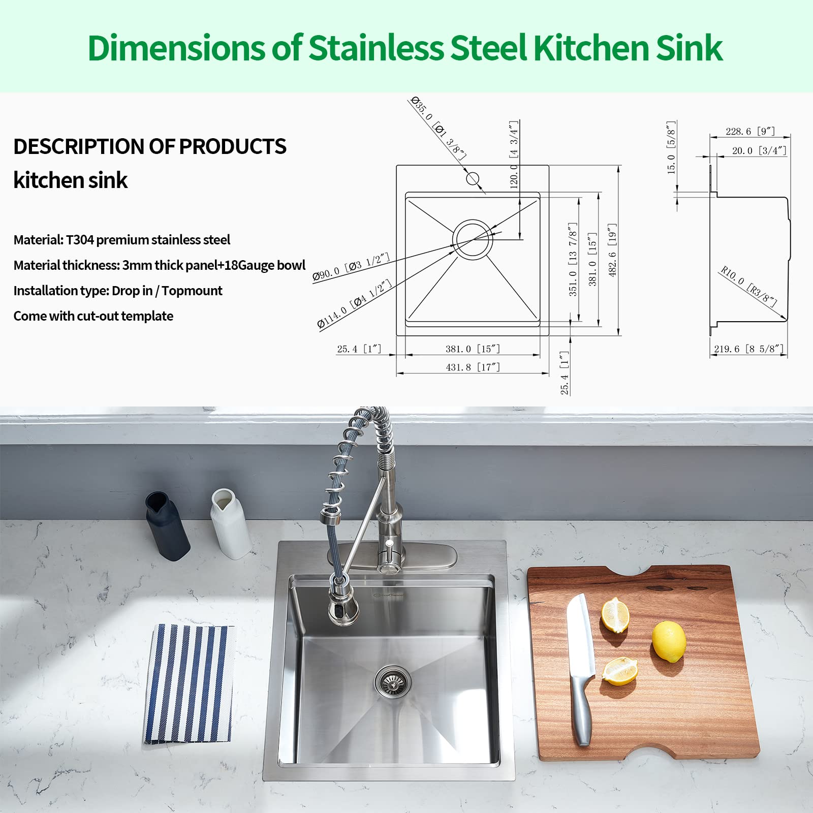 EcoChannels Kitchen Sink, 17 x 19 Inch Drop-in Bar Sink Stainless Steel Topmount Kitchen Sink Single Bowl Workstation Sink