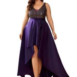 Ever-Pretty Women's Plus Size Sequin V-Neck High-Low A-line Evening Dress Prom Gowns Purple US18