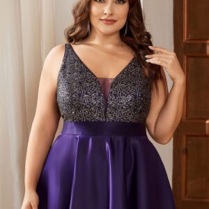 Ever-Pretty Women's Plus Size Sequin V-Neck High-Low A-line Evening Dress Prom Gowns Purple US18