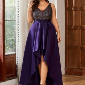 Ever-Pretty Women's Plus Size Sequin V-Neck High-Low A-line Evening Dress Prom Gowns Purple US18